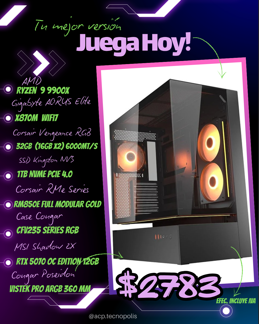 PC Gamer AMD Ryzen 9 9900X 32GB RAM 1TB SSD RTX 5070 OC Edition 12GB